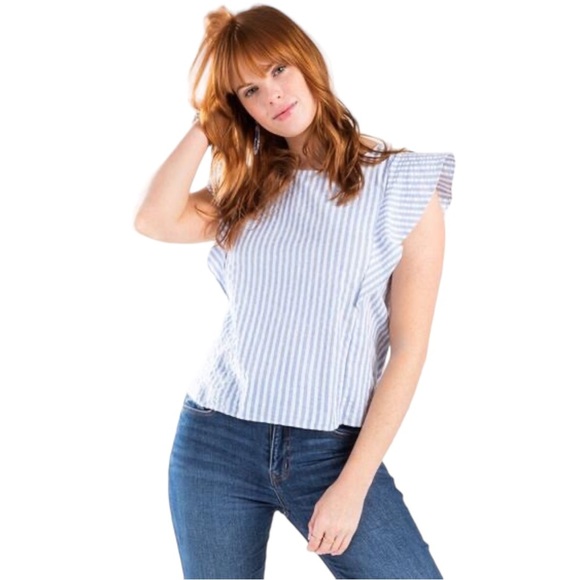 𝅺Banana Republic blue and white stripe flutter ruffle sleeve blouse - Picture 1 of 7